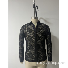 Camisa de lapela de flor de renda masculina